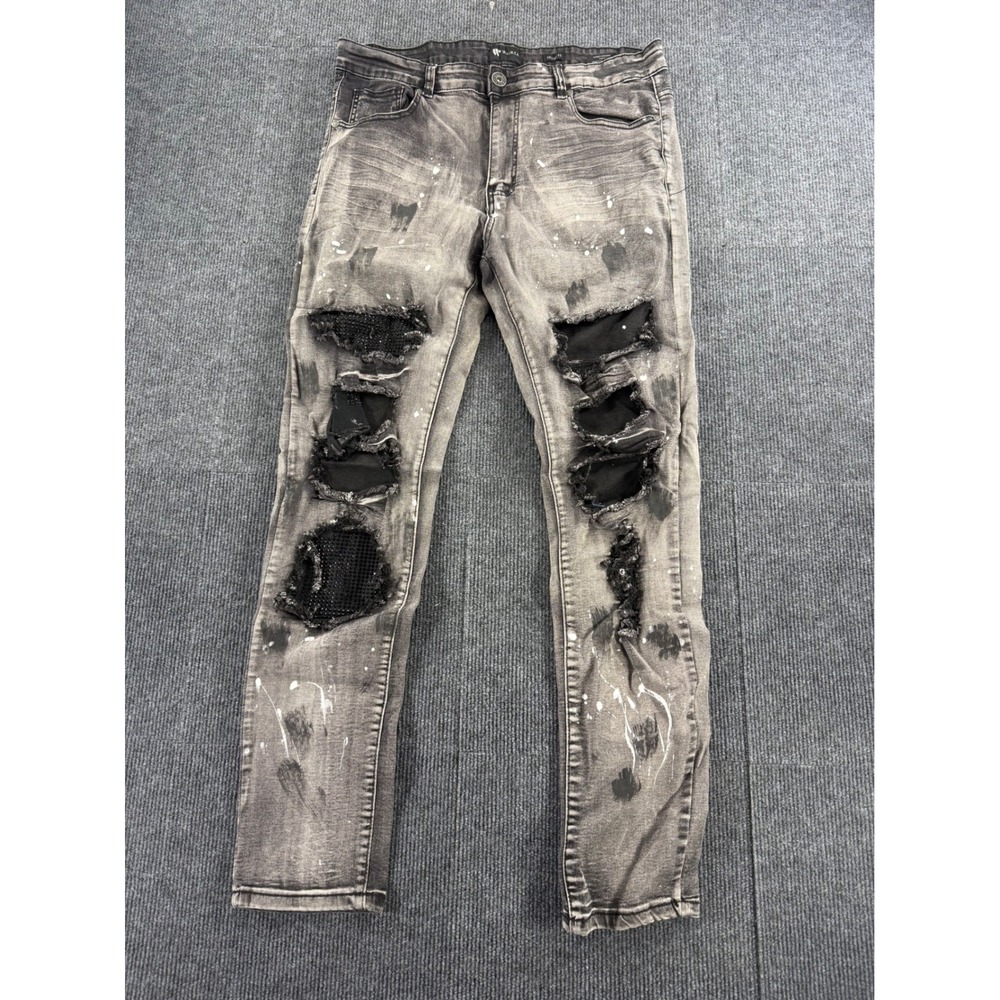 Waimea Mens Skinny Fit Distressed Grey Jeans Ripped Mesh Rhinestone Moto 36x32
